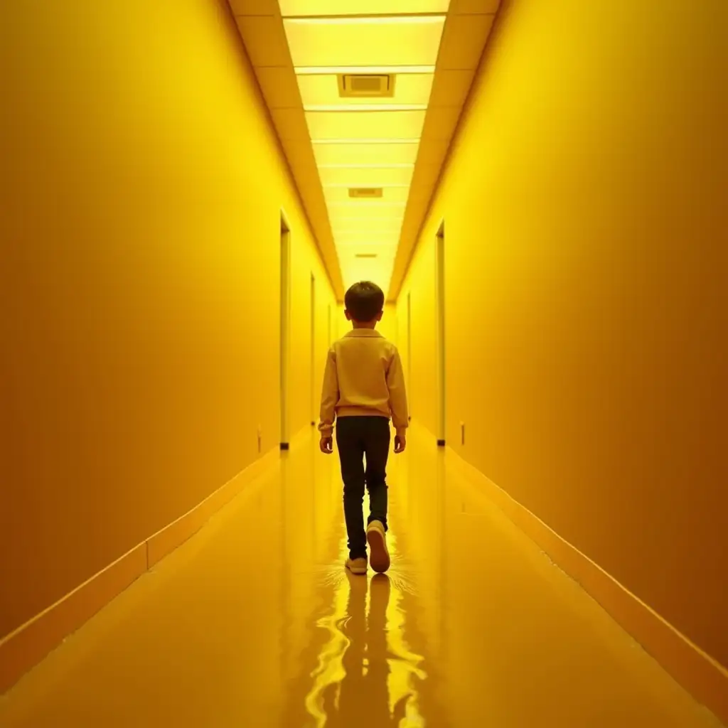 A 10 year old boy, traveling through endless yellow office rooms, and moist carpet