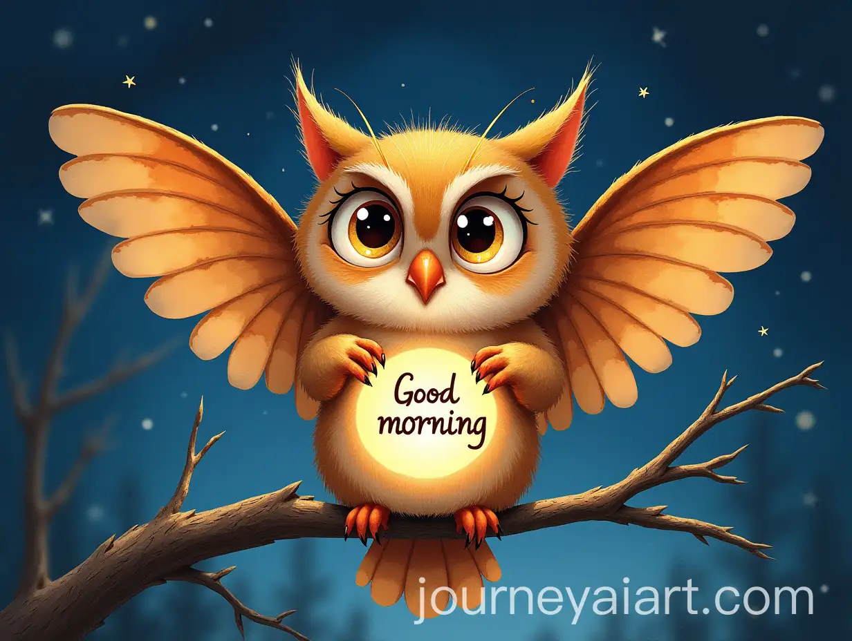 Cute-Chimera-Night-MothCatOwl-Sticker-with-Good-Morning-Inscription