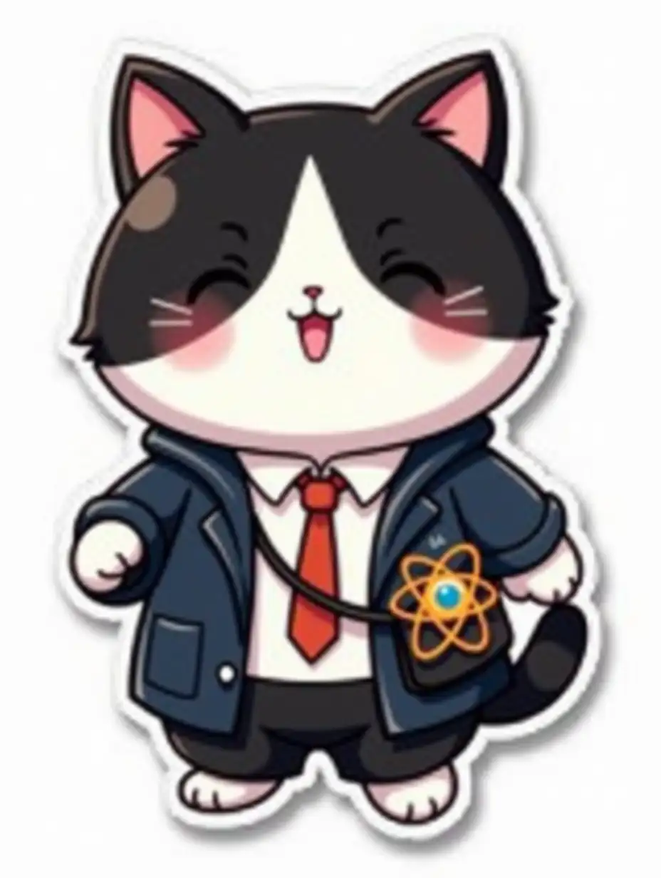 kawaii positive fluffy little black and white cat in office clothes with a vector image of an atom between the arms, vibrant and dynamic die cut sticker design top-view, high resolution, vector art, UV laminated, white background, paint in anime style, anime screencap, studio ghibli style, illustration, high contrast, masterpiece, best quality