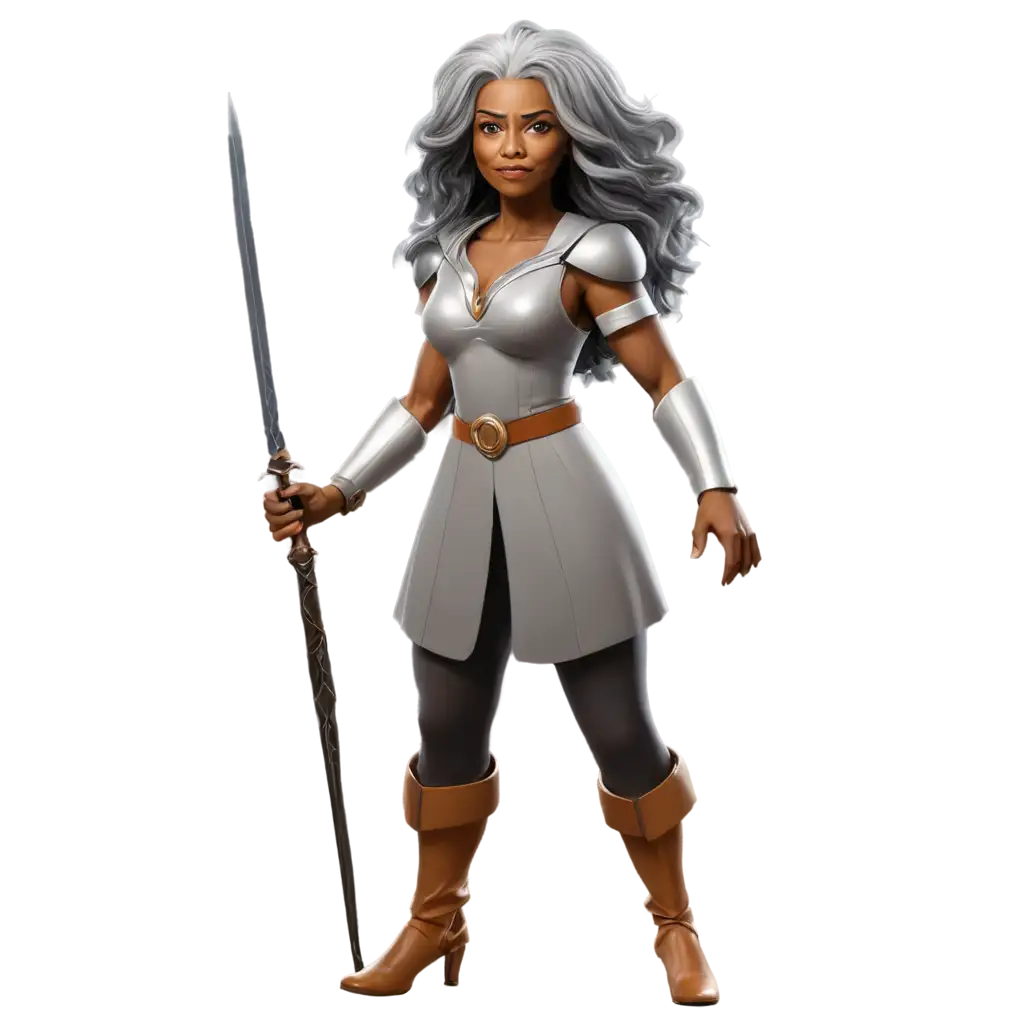 PNG-Cartoon-Old-Black-Woman-Warrior-with-Grey-Long-Hair-Magical-Image-Concept