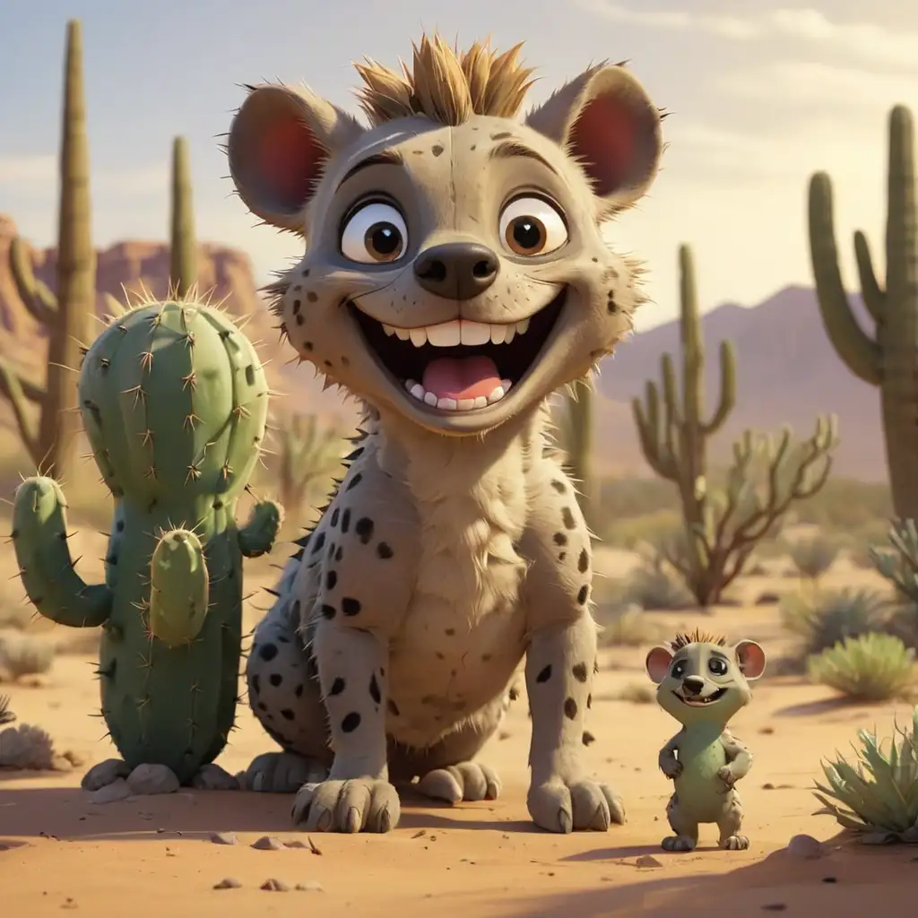 Cartoon Style Cactus and Smiling Hyena in the Desert