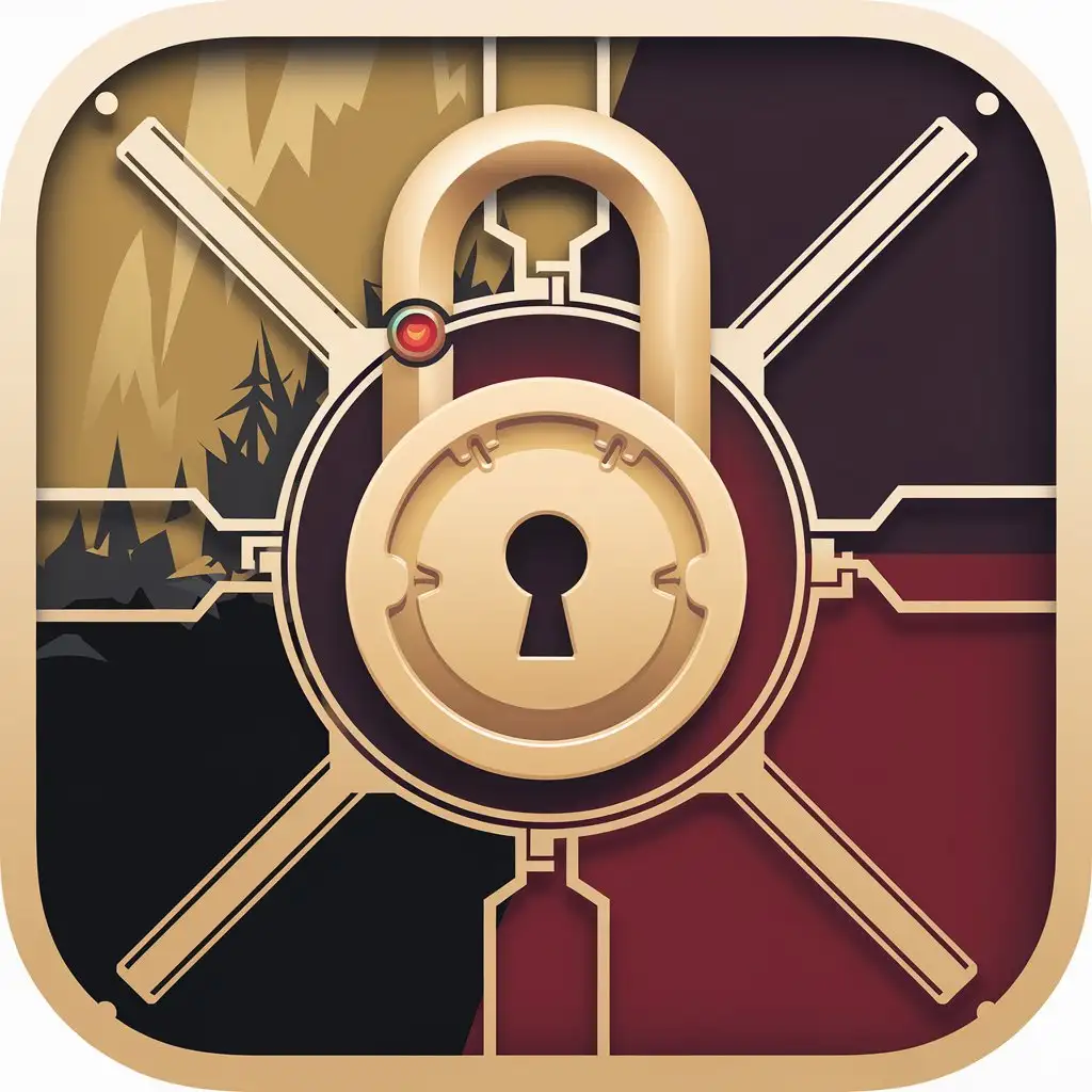 Icon minimalist for a password management app. A stylized lock in the center with a technological touch. Animated background and something fantasy and dark gold, red dark, black and lock color and details in dark gold, red dark and black for contrast. Clean and modern design.