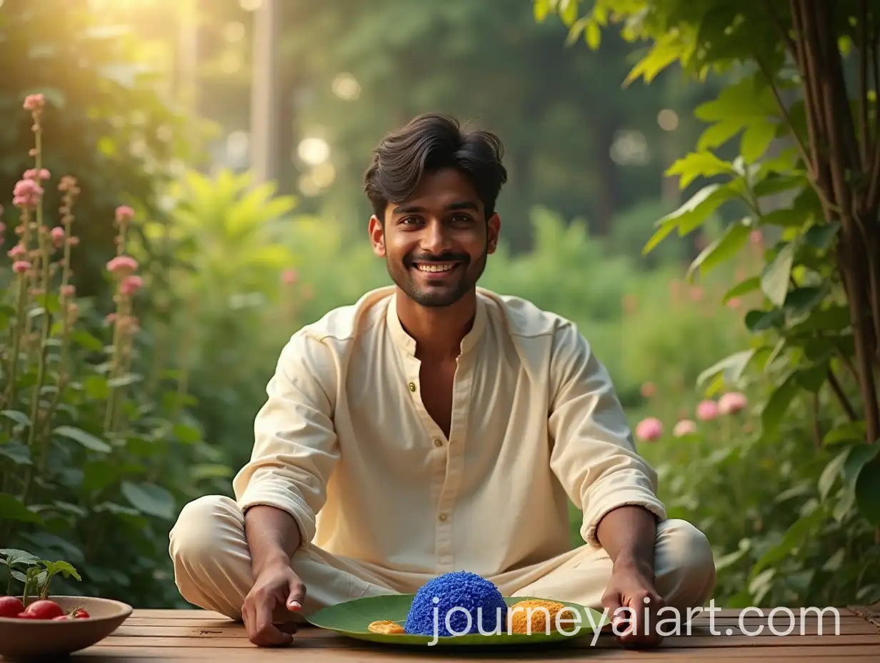 Young-Indian-Man-EnjoyAI-Image-Prompt-Expansioning-Healthy-Meal-in-Peaceful-Farm-Garden