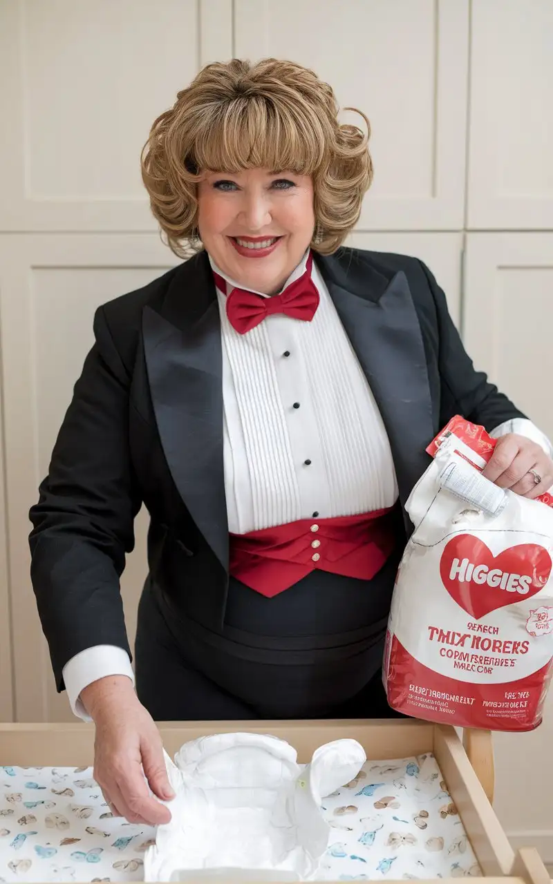 Caring Caucasian Woman in Formal Tuxedo Changing Baby Diaper in Nursery