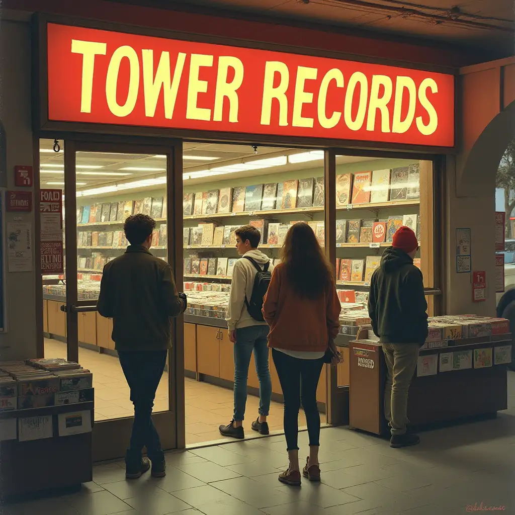 Draw a cover photo that captures the essence of a nostalgic song. An image that evokes a sense of retro music culture and longing: A warm, faded photograph of a Tower Records storefront, perhaps with a nostalgic filter or texture. The image should feature a few teenage customers browsing the racks. The overall mood should be nostalgic, melancholic, and slightly retro, capturing the themes of lost innocence and the passing of time.