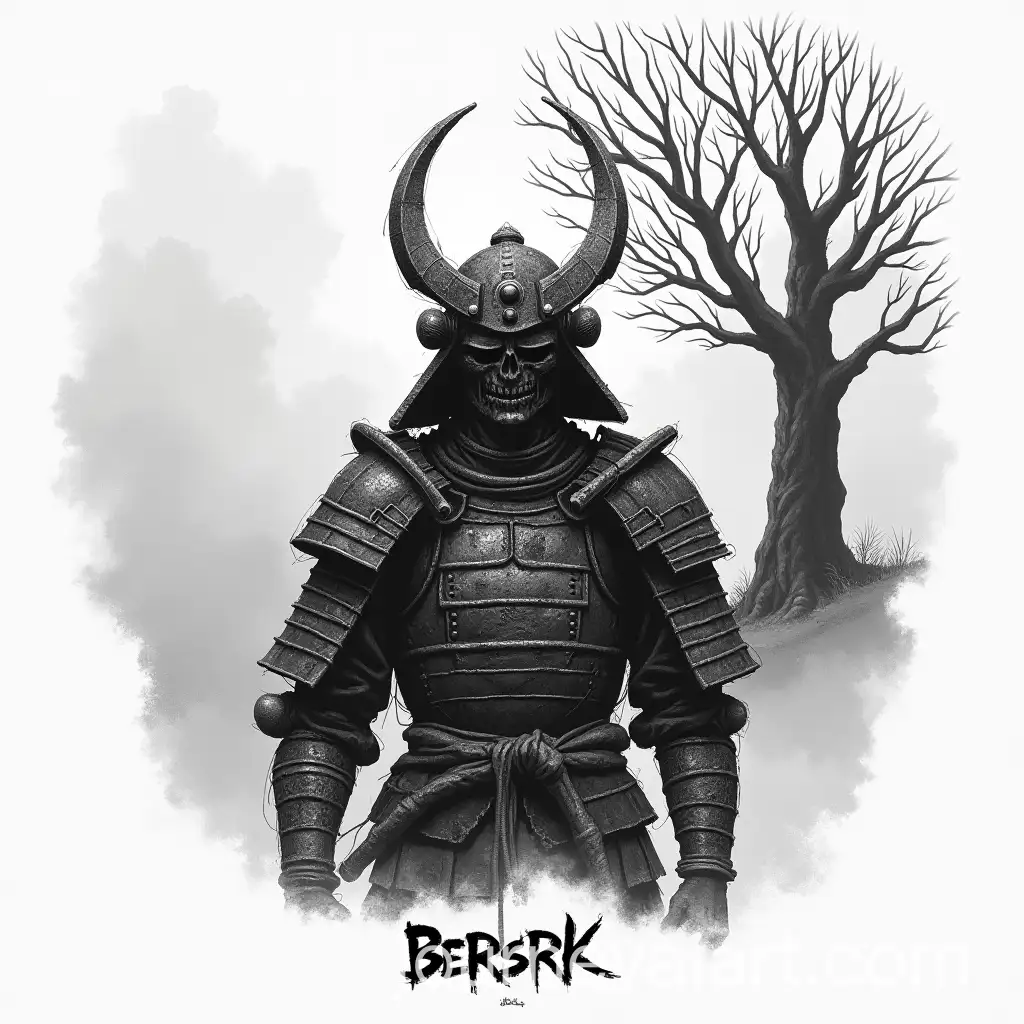 Dark-Samurai-in-Crude-Armor-with-Withered-Tree-in-Fog-Berserk-Style-Concept-Art
