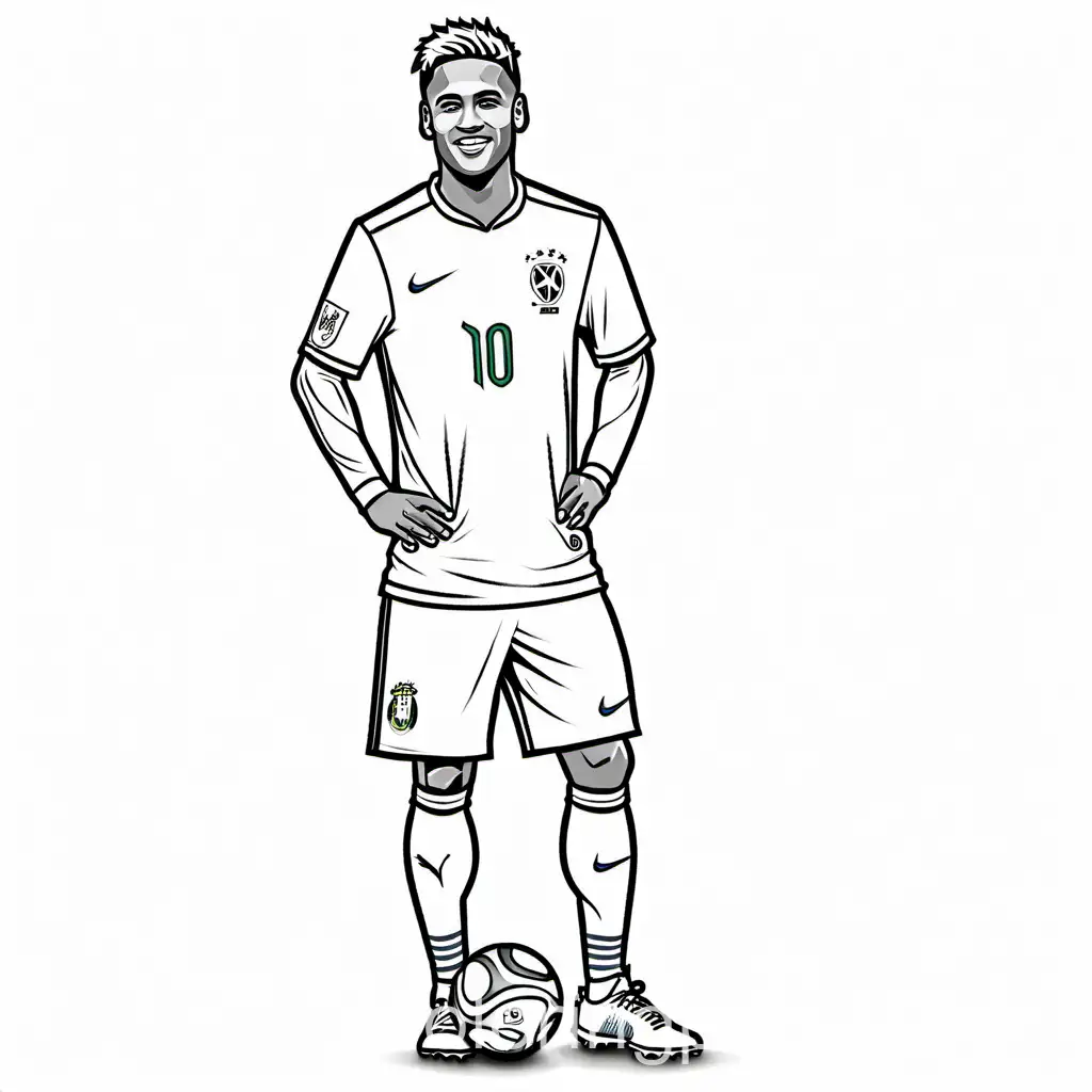 full body realistic Neymar Jr with brasil jersey, Coloring Page, black and white, line art, white background, Simplicity, Ample White Space. The background of the coloring page is plain white to make it easy for young children to color within the lines. The outlines of all the subjects are easy to distinguish, making it simple for kids to color without too much difficulty