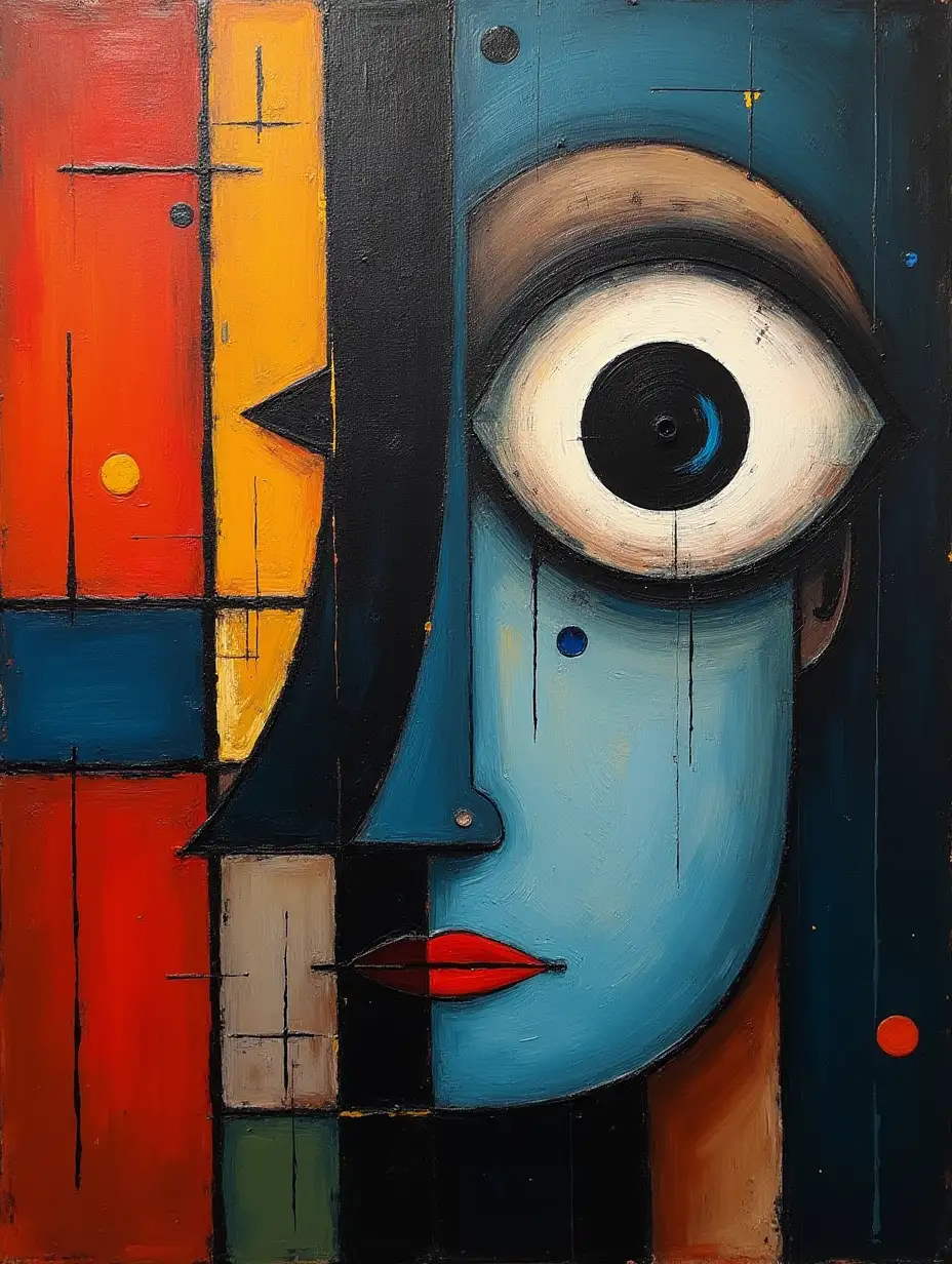 A picture in a grid, stripe, primitively schematic, minimalism, avant-garde, face, huge hovering eye, darkness in the style of Kandinsky, Malevich, minimalism, simplify for a beginner artist with acrylic many colors, constructivism abstractionism, gloomily