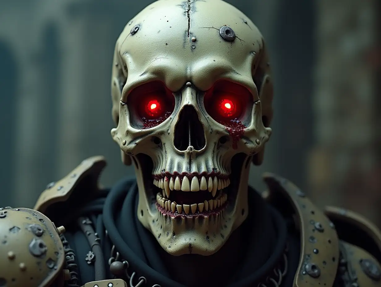 a realistic vampire skull, sharp teeth, blood from the mouth, with eyes as portals to an old castle world, with mechanical warrior body