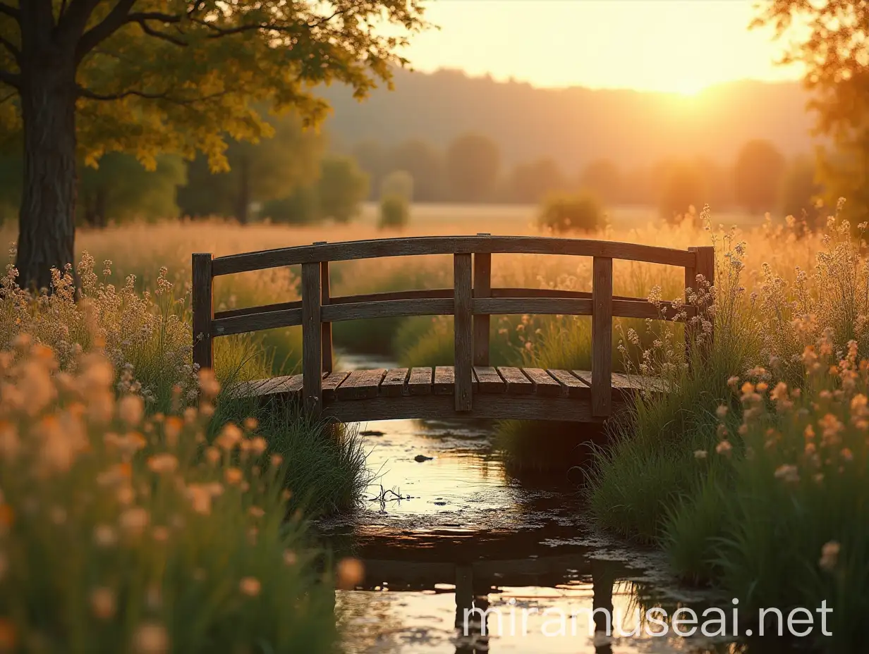 Rustic Wooden Bridge Over Gentle Stream with Wildflowers at Sunset