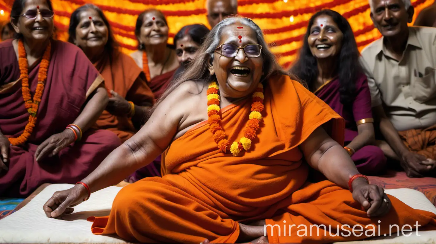 Elderly Hindu Monk Woman Laughing with Goat and Flower Garlands at Night in Ashram