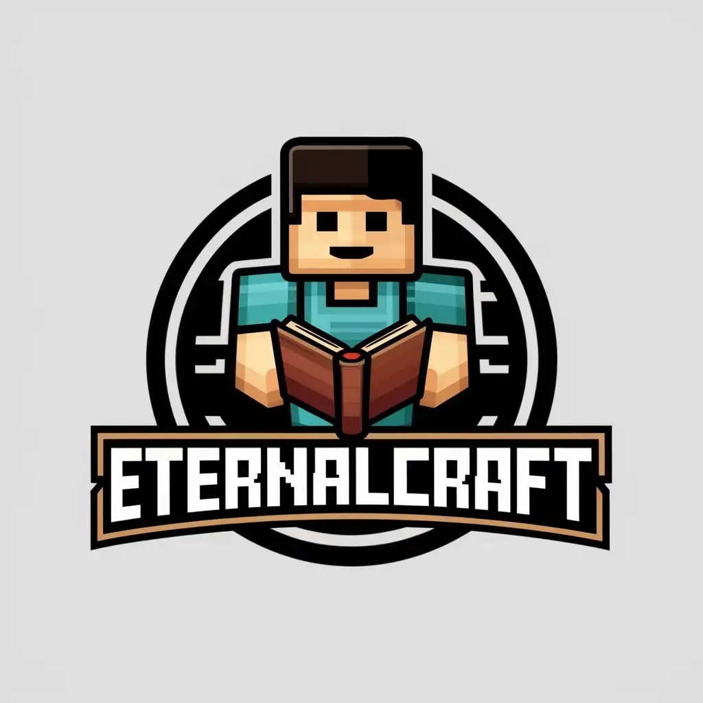 a vector logo design,with the text "EternalCraft", main symbol:Steve from the game Minecraft with a book,complex,clear background