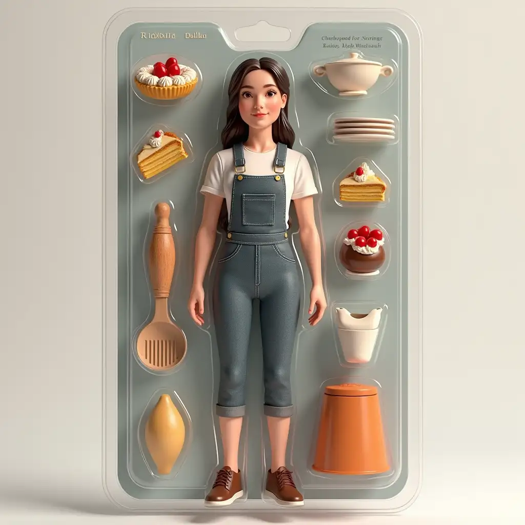 Use this photo of me to create an action figure of myself in a blister pack, in the style like a premium collectible toy. The figure should be standing up and have a relaxed, friendly smile. The blister pack should have a header with the text ‘[Evdokia P]’ in large letters. Include accessories in compartments to the side of the figure: [cook, pastry, cake, dishes].