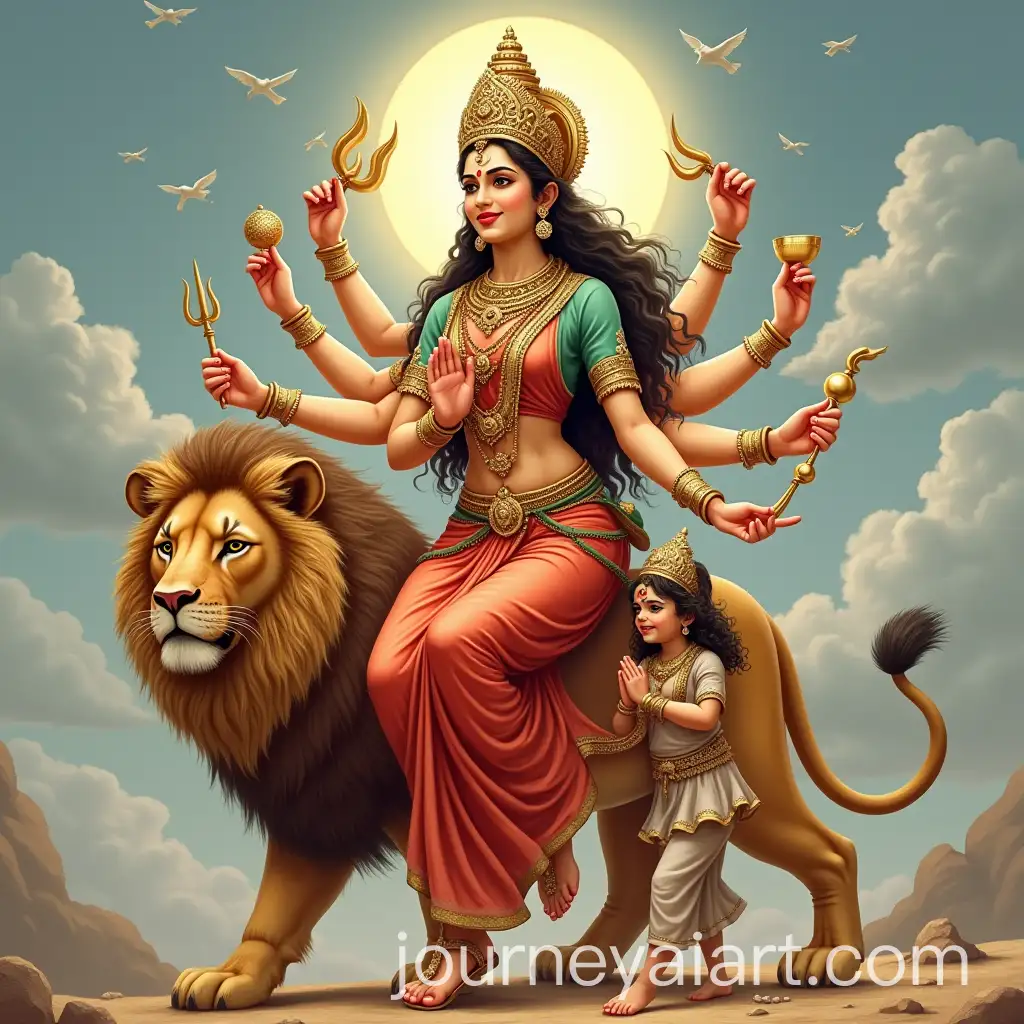 Goddess-Durga-with-Ten-Arms-Riding-a-Lion-with-Girl-Praying