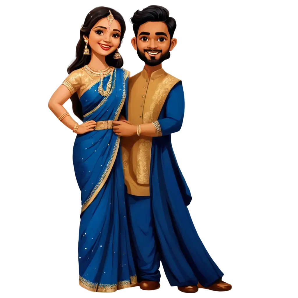 Chubby-Long-Hair-South-Indian-Wedding-Couple-Caricature-PNG-Royal-Blue-Saree-Bride-Kurta-Groom