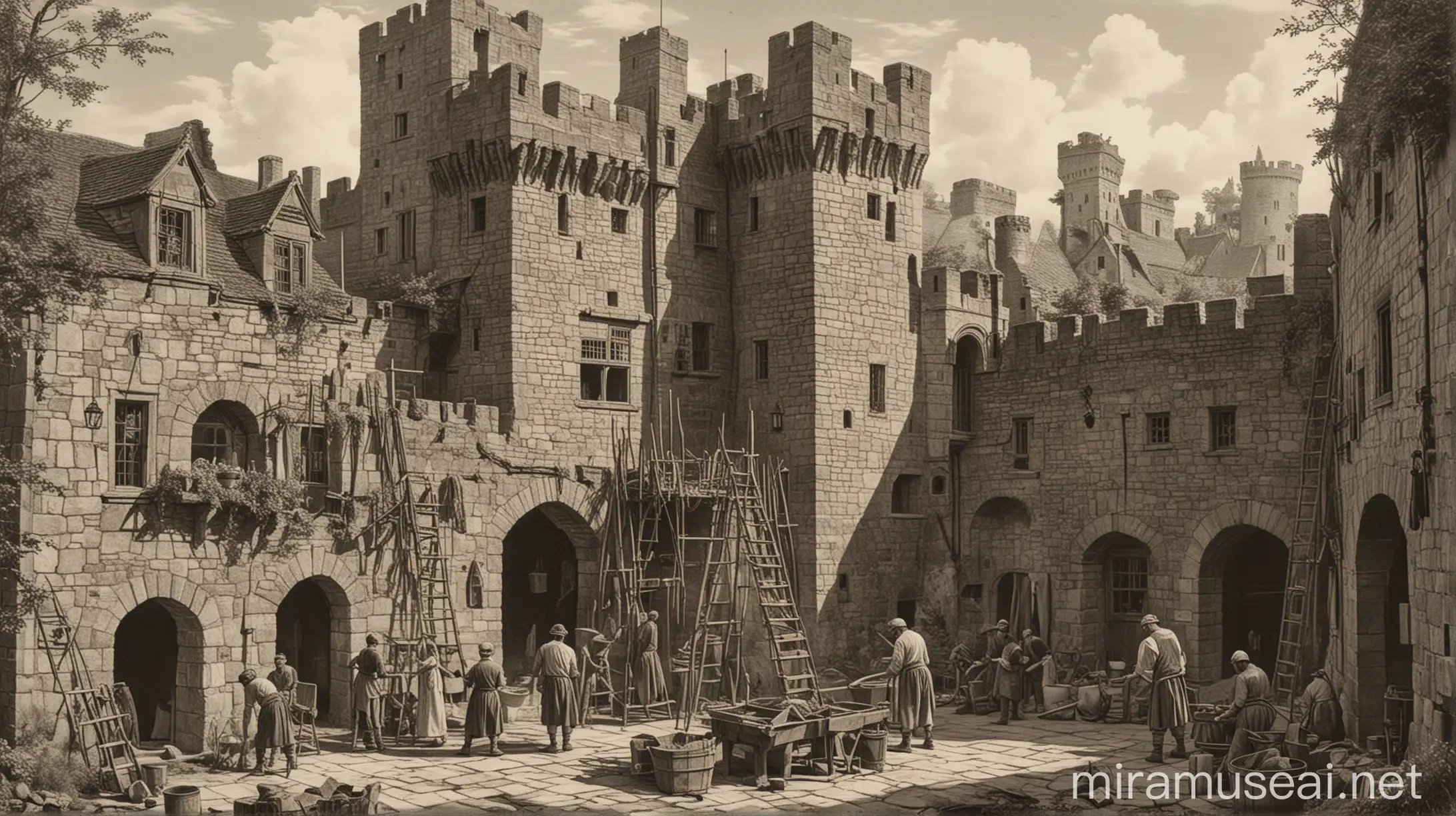 Medieval Castle Maintenance Workers Repairing Walls and Roof