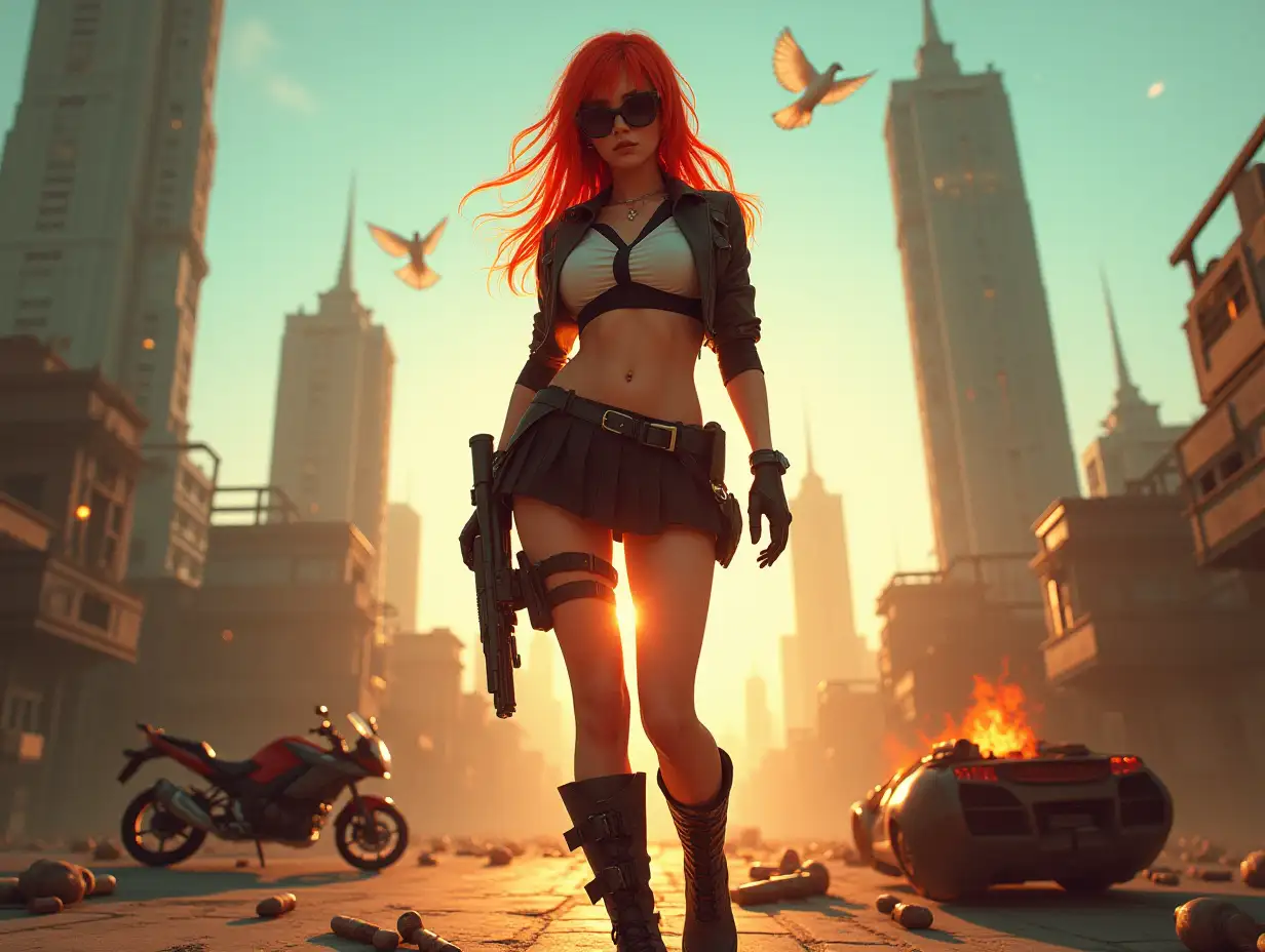 Wide-angle lens used,  (Beautiful redhead woman in stylish school uniform, midriff showing, short skirt, combat boots, and sunglasses ), Triangular composition, Dynamic full-length pose, Confident expression, (Armed mercenary), Gun grip, Supporting pose, City background, alien Skyscrapers in the distance, sun setting, two small white doves above, (Bright sunlight: 1.2), Sharp contrasts, Bold colors, Clear details. female mercenary in cool cyberpunk style in colorful fantasy style, realism, post-apocalyptic landscape, sharp focus. bodies and empty bullet cases cover the ground around her feet. crashed and burning motorcycle in the distance. zoom out so feet and ground are visible