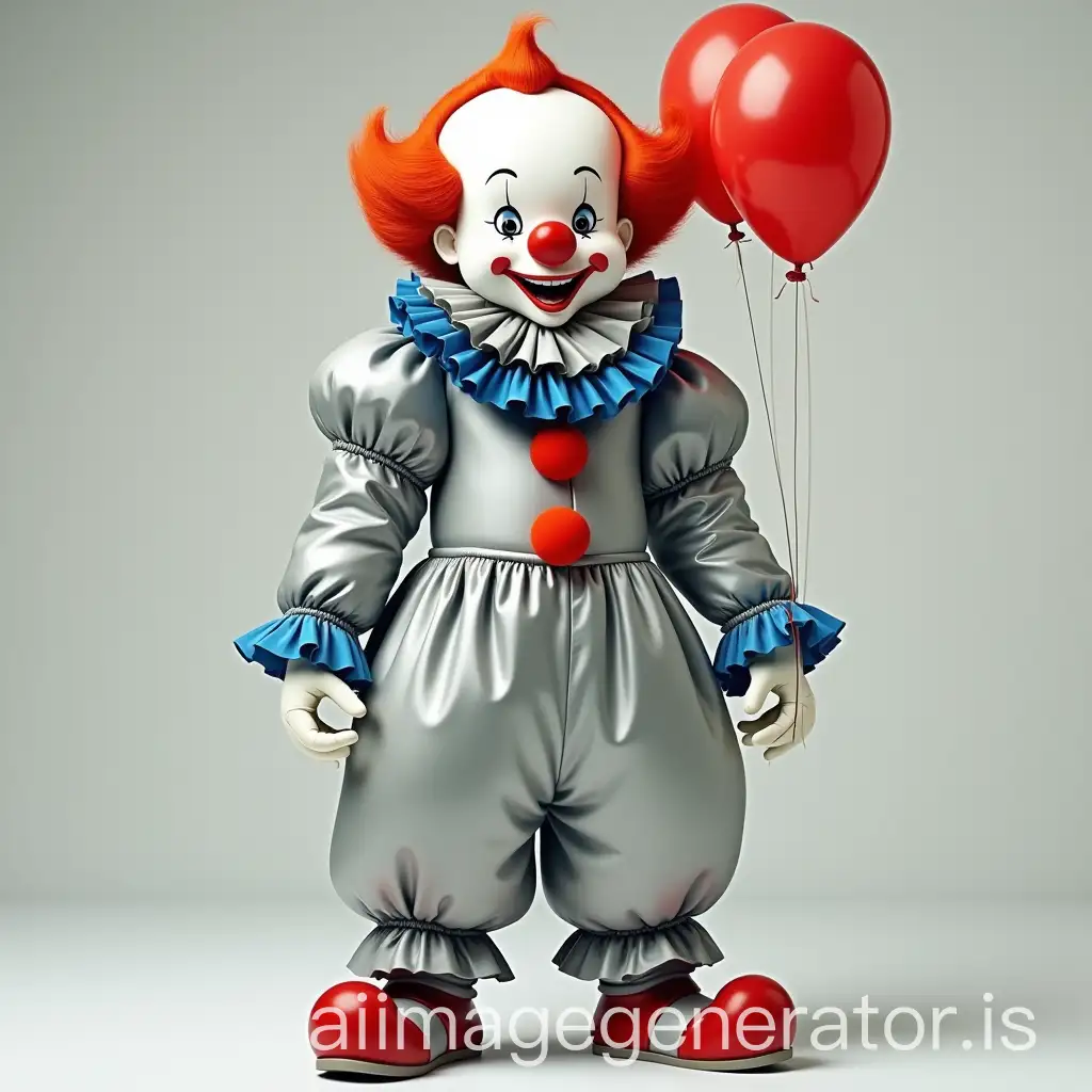 Clown-with-White-Face-Red-Hair-Silver-Suit-and-Balloon-Bouquet