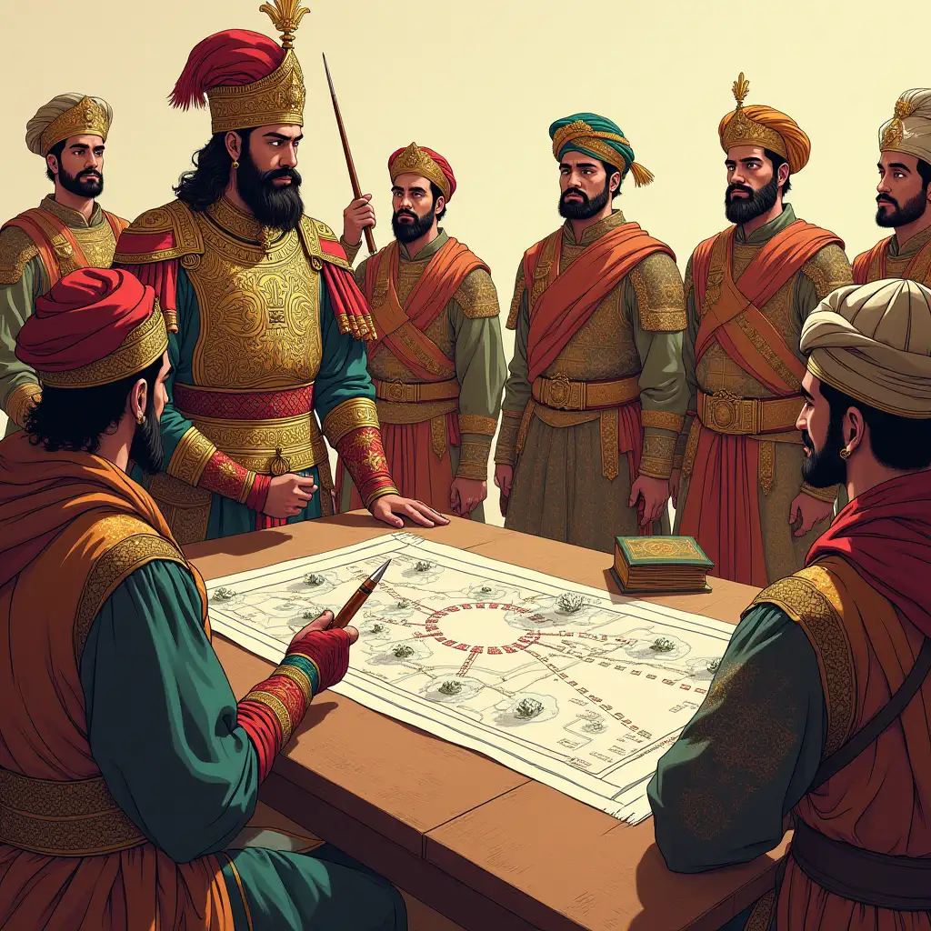 Babur Strategizing with Generals in Elaborate Mughal Armor