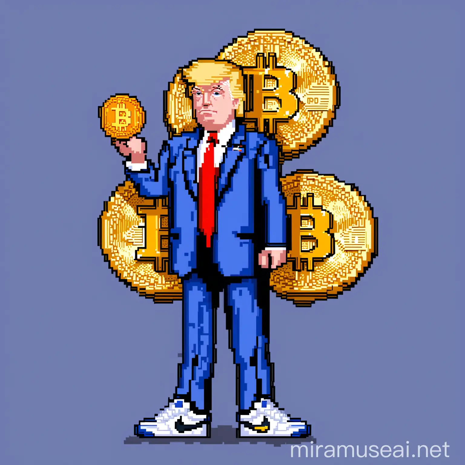 Pixel Art Representation of Donald Trump Holding Bitcoin in Nike Sneakers