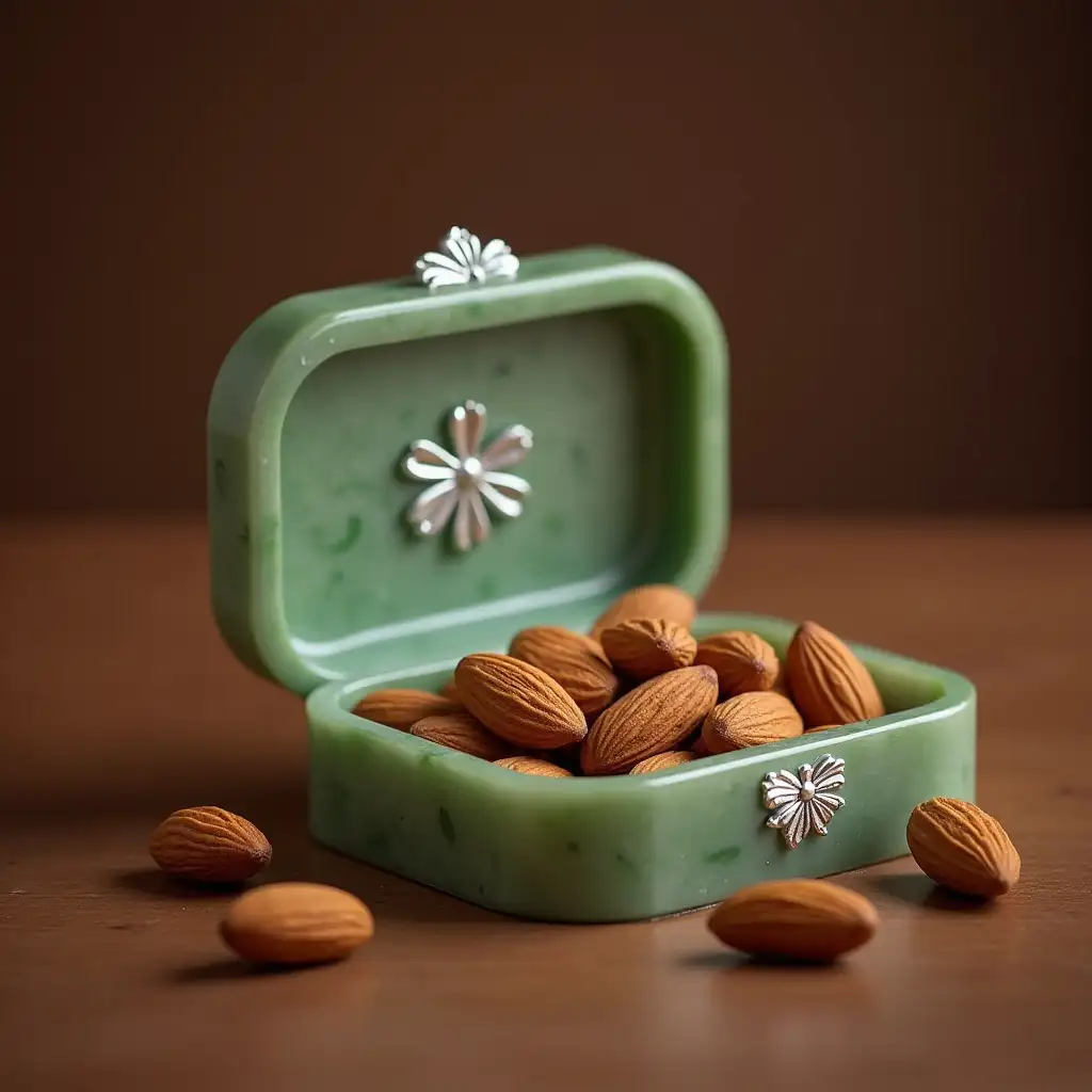 A very beautiful and simple box in the color of garlic jade with simple silver designs, inside which are authentic Iranian almonds. Beautiful almonds with a garlic brown color, healthy and excellent. The box is on a brown table. The background is simple and excellent. The photo is very real and it is not obvious that it is a product of artificial intelligence.