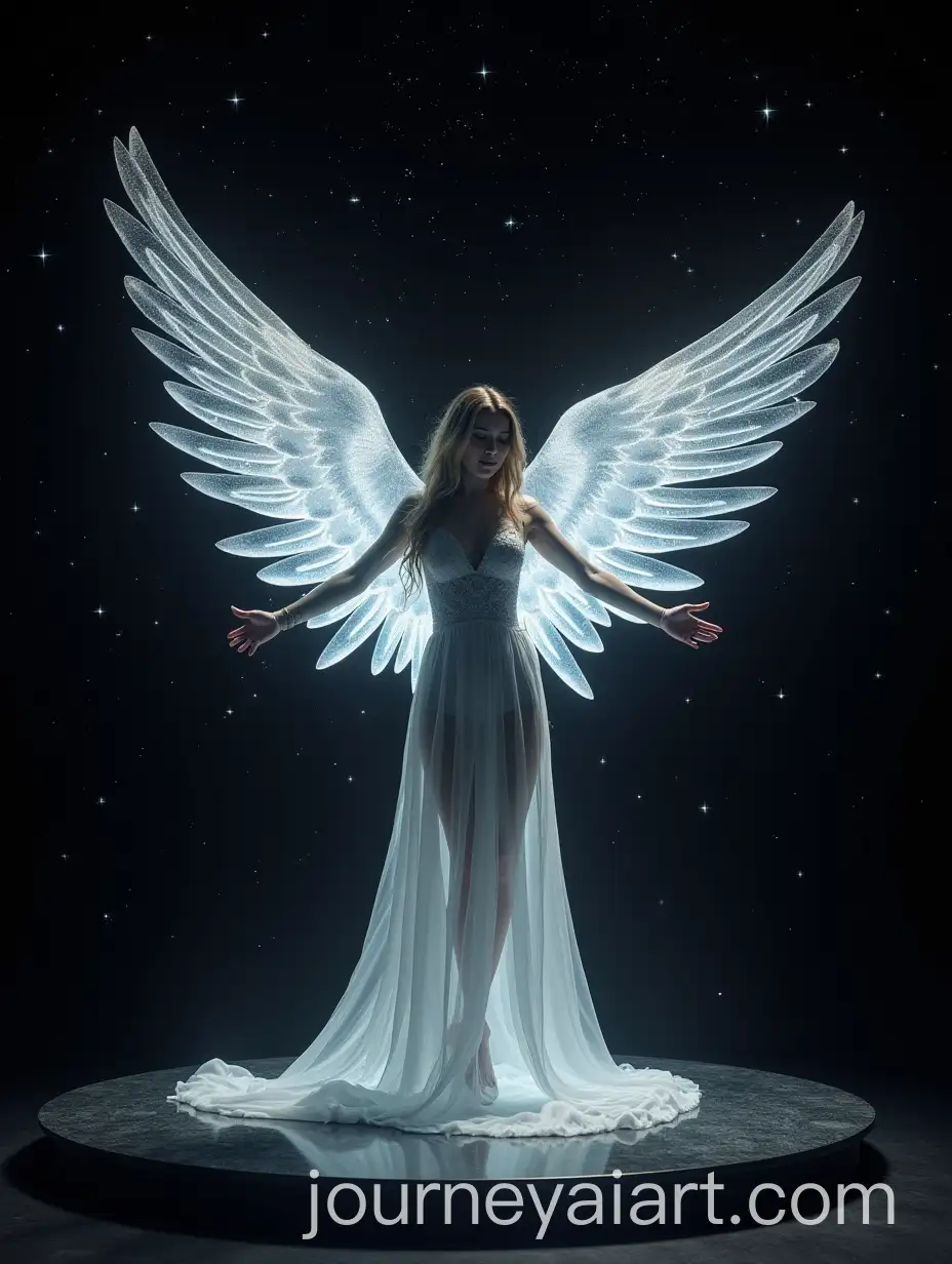 Woman-with-Wings-Standing-on-a-Platform-in-the-Air-with-Stars-and-Black-Background