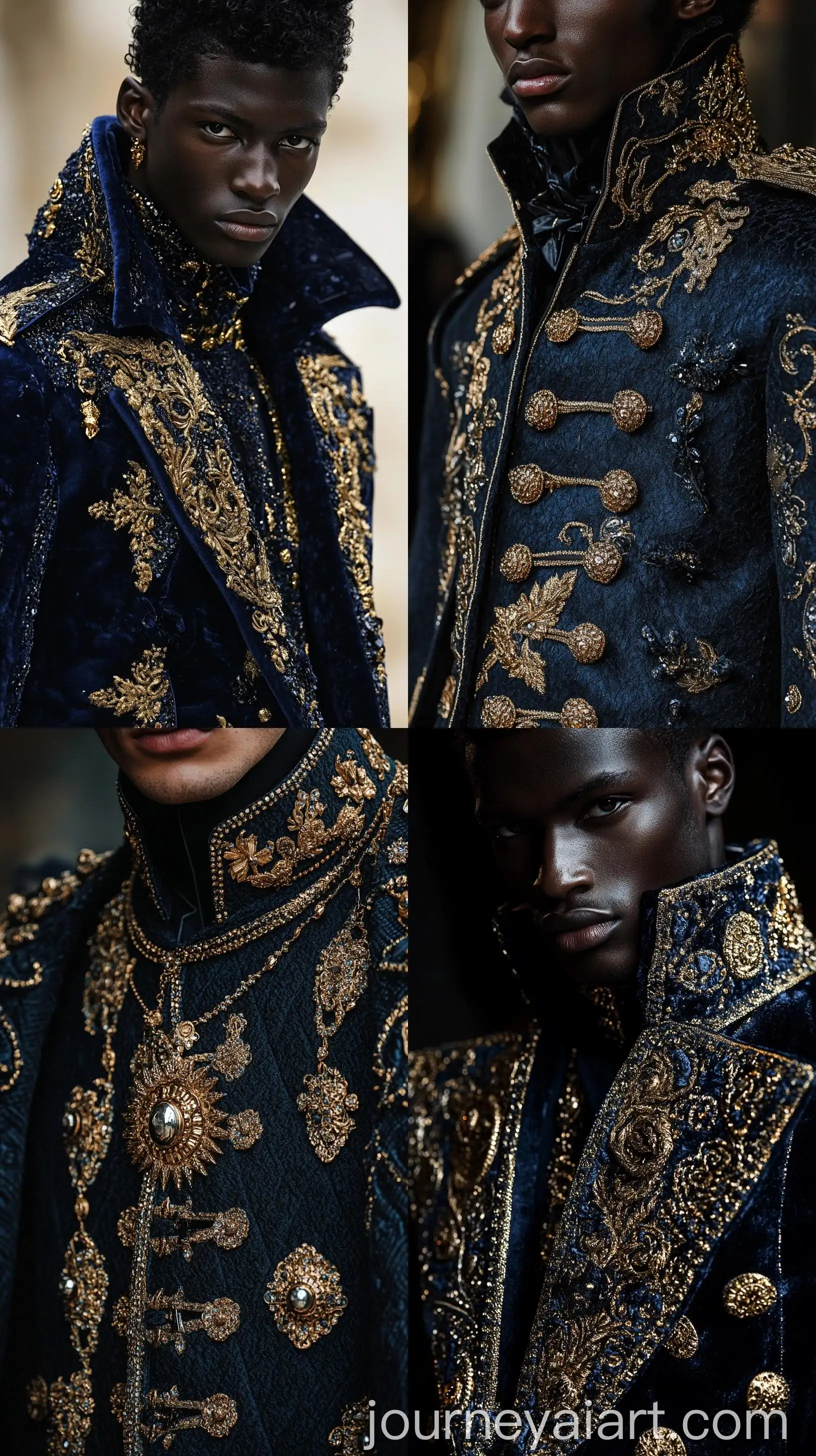 CloseUp-Shot-of-Man-in-Royal-Dark-Blue-and-Gold-Couture-on-Runway