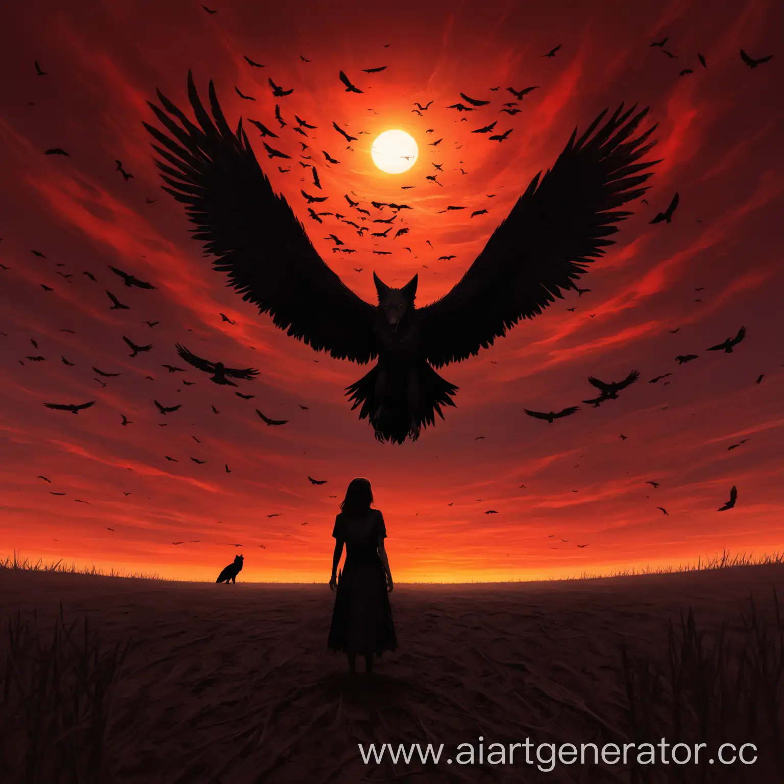 Woman-Standing-in-Crimson-Sunset-Field-with-Eagle-and-Howling-Jackal