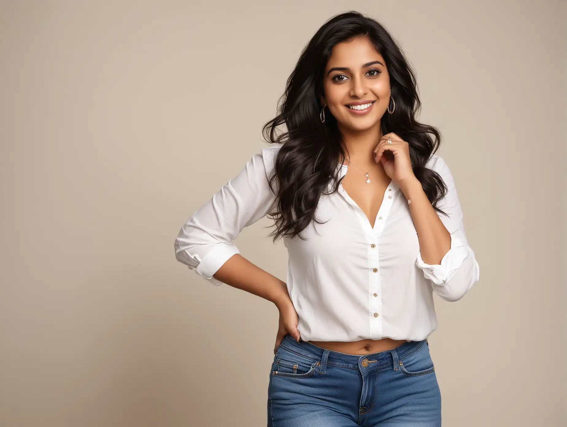 Portrait-of-a-Jovial-Indian-Woman-in-White-Blouse-and-LowWaist-Jeans