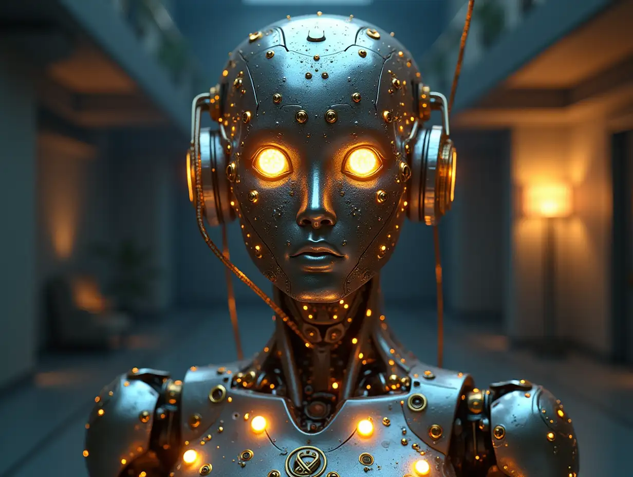 Create a high-resolution, realistic image of the artificial intelligence Robert with metal and glass head with gears, lightwave transmitter, LED light face 3d 4k resolution with gold and silver ornaments in a robot room and stands on a wired cube with bulbs full body