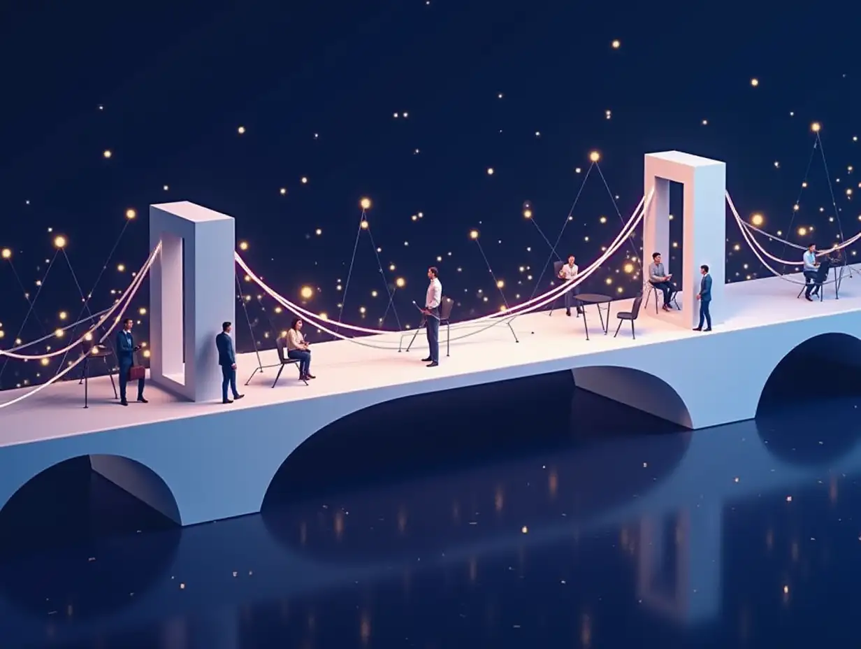 A modern and abstract digital artwork depicting a digital bridge connecting lawyers and clients. The bridge is made of glowing lines and interconnected nodes, symbolizing a secure and efficient connection. On one side of the bridge are lawyers working in a sophisticated office, and on the other side are clients accessing legal services through their devices. The color palette includes deep indigo/purple-blue, white, and light gold, representing trust, technology, and professionalism.
