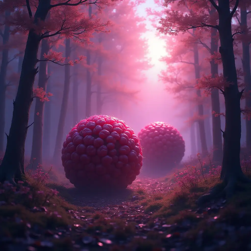 Enormous-Raspberry-Berries-Rolling-Through-Enchanted-Forest-with-Purple-Fog