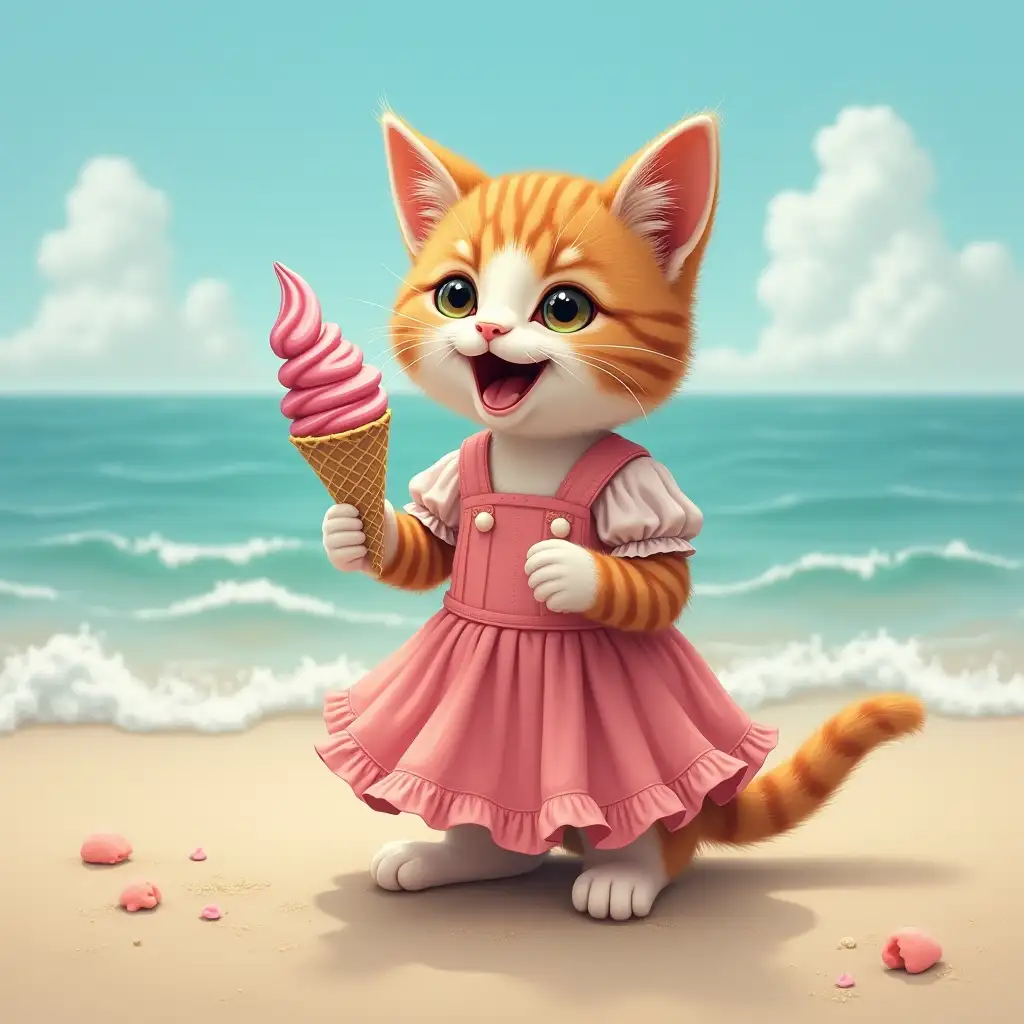 a cat wearing a frock, eating ice crem on the beach