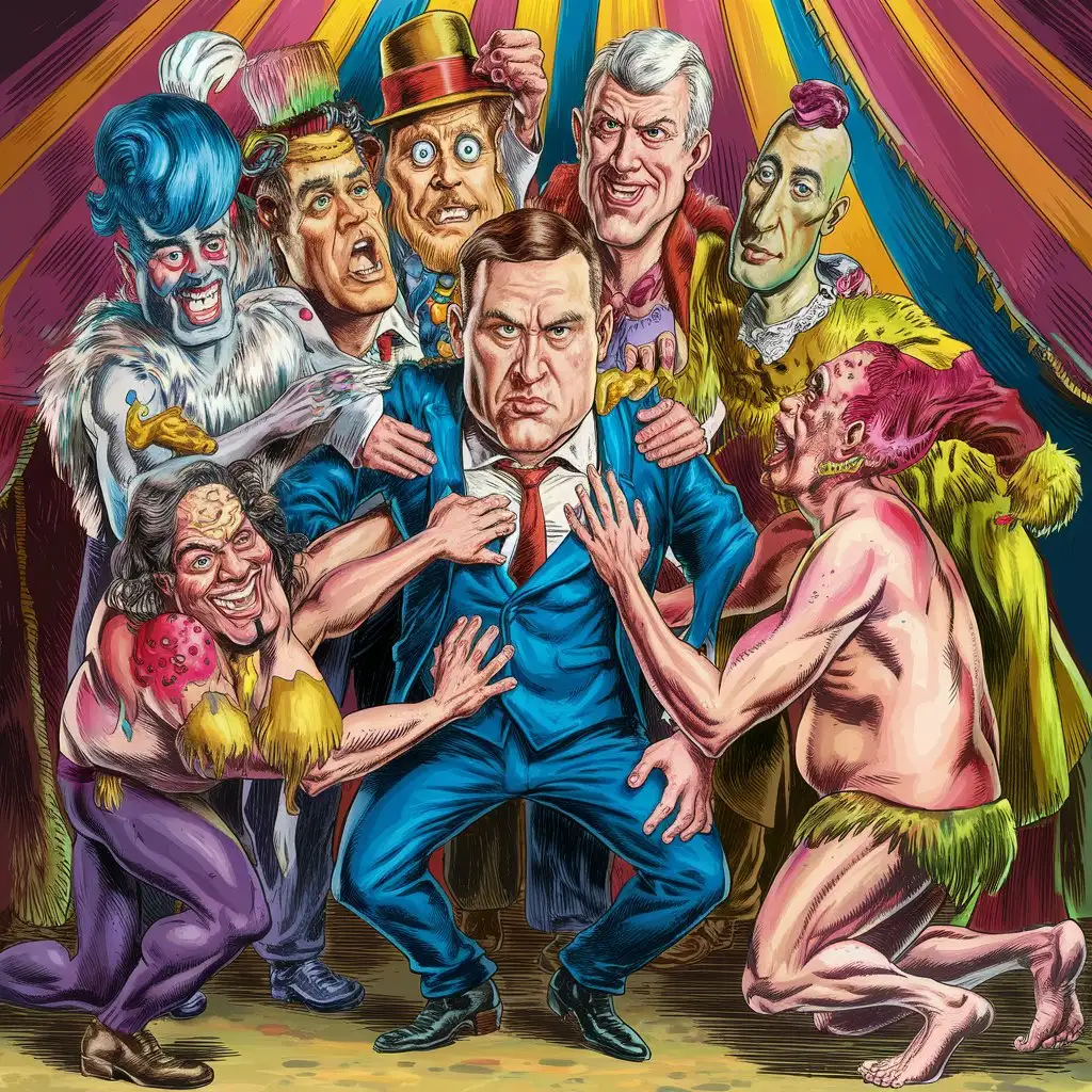 Don't touch me, you freaks, Oleg shouts resolutely, but the disobedient freaks stubbornly touch him. Colorful, bright, clear, and detailed illustration with sharp contours, in a humorous caricature style, surrealism