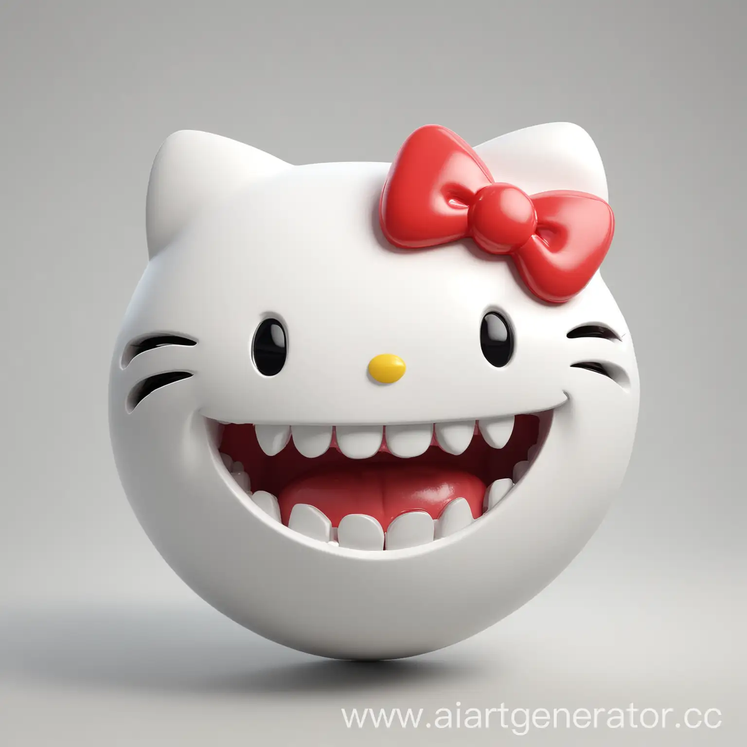 белый фон, логотип, персонаж hello kitty  в стиле 3D-model показывает зубы, на зубах установлены grillz или скайсы, ракус как через fish-eye