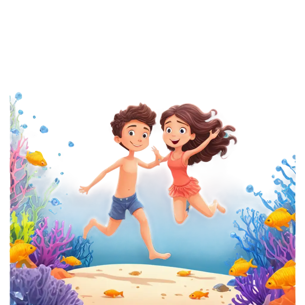 Cartoon-PNG-Image-of-Boy-and-Girl-Diving-Around-a-Coral-Reef-with-Cute-Fish-and-Sea-Plants