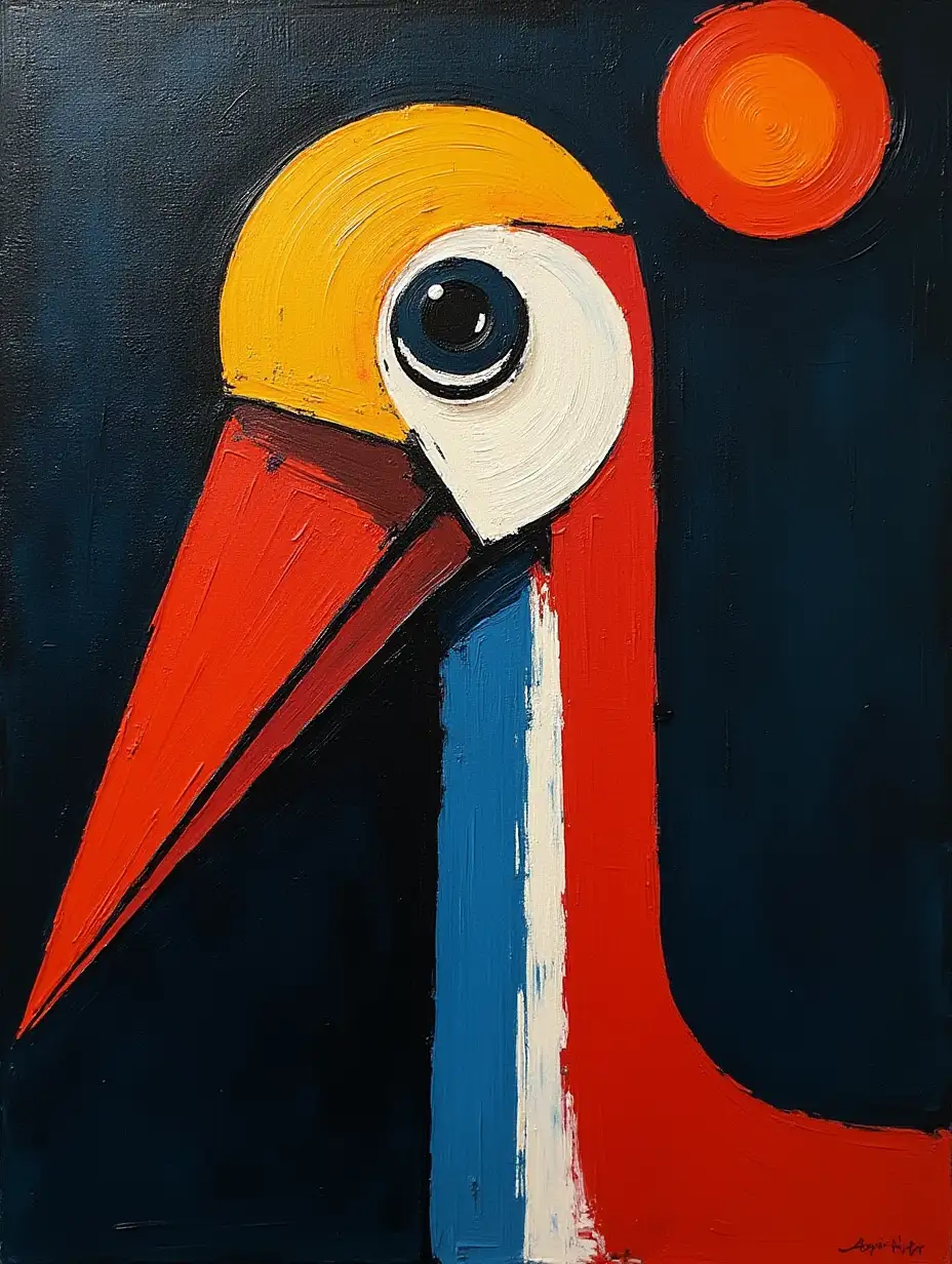 user_prompt: Picture in a grid, stripe, primitively schematic stork portrait face in darkness in the style of Kandinsky, Malevich, minimalism, simplify for beginner artist acrylic many colors, constructivism abstract impressionism,