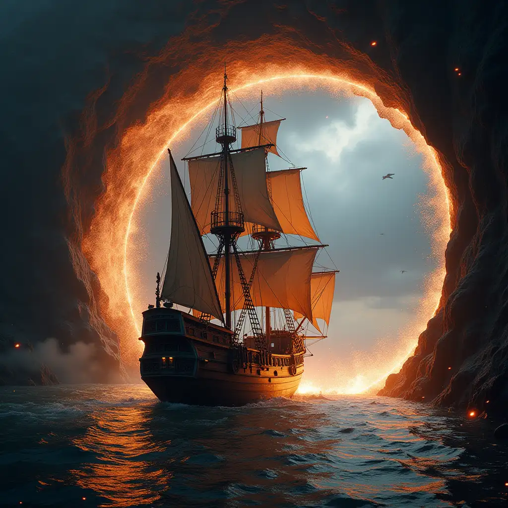 A pirate ship entering a giant Portal converting to a space vessel as it crosses through. Sparks fly off the ship as it transforms from wood to metal 