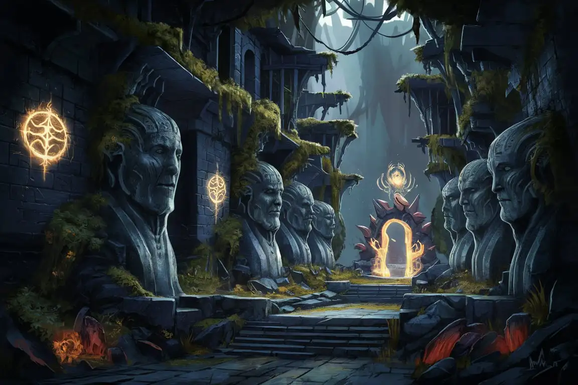 Stylized ARPG Video Game Cover Art Elven Ruins with Sentinel Statues and Ancient Symbols Glowing Around Mythical Portal