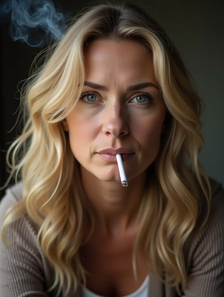 Blonde woman, 40 years old, smoking cigarette.