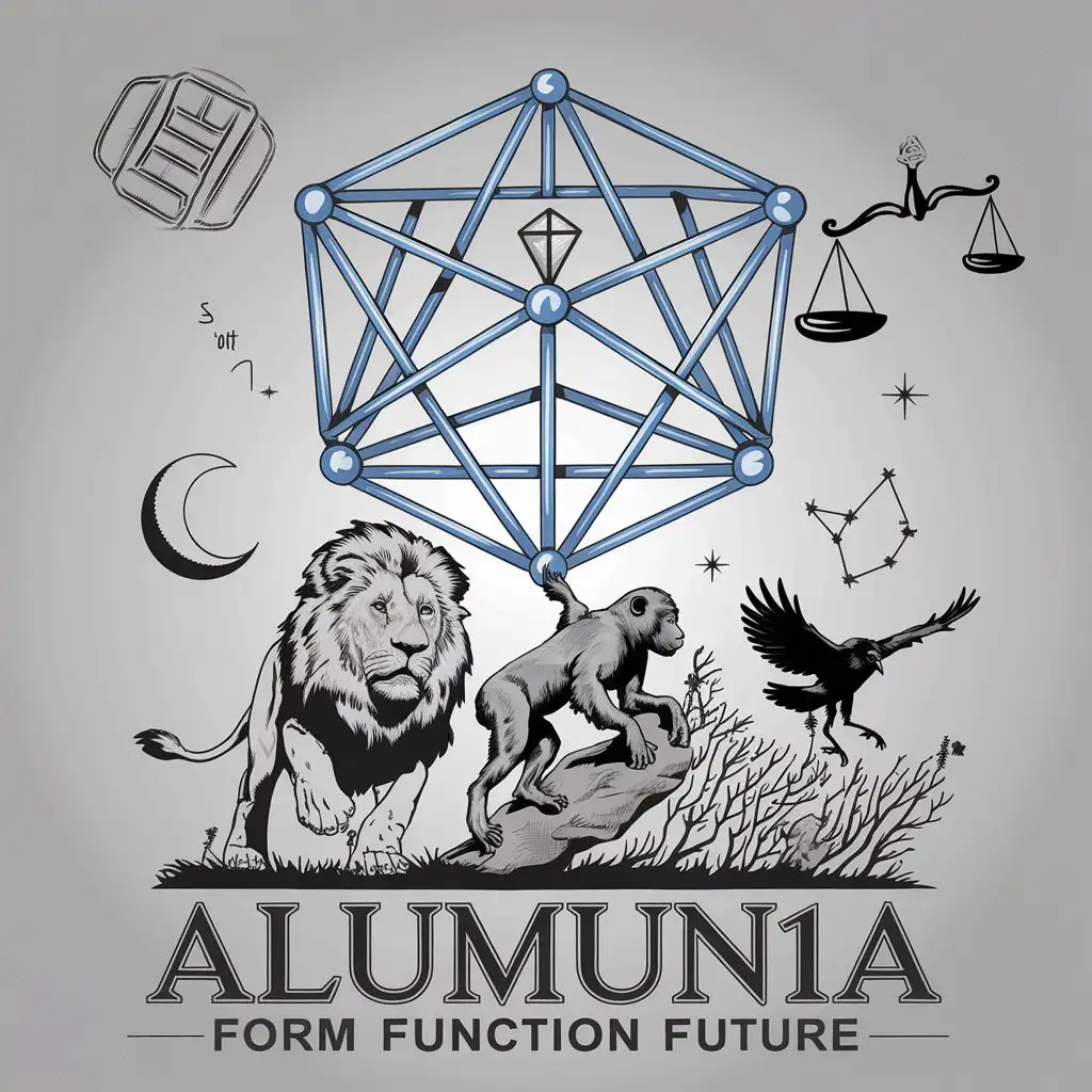 LOGO Design for Alumun1a Bold Sleek Geometric Symbolism with Lion Baboon Crow and Scales of Justice