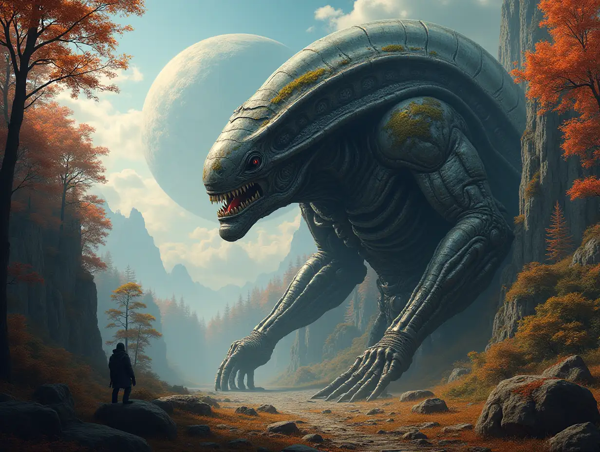 Hyperrealistic portrait of a gpanzerter metal alien king 10 meters tall with the intricately detailed, colorful forested planet background