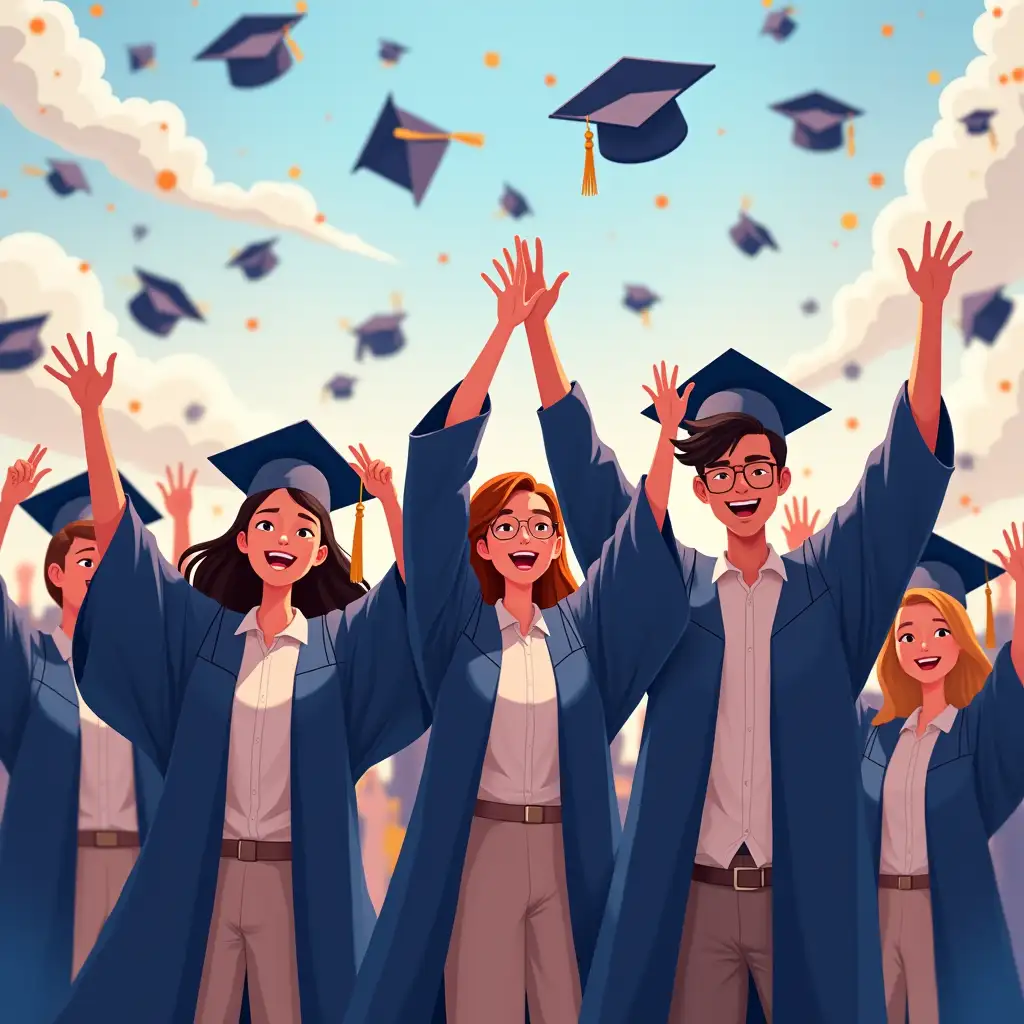 Anime image of students celebrating their graduation