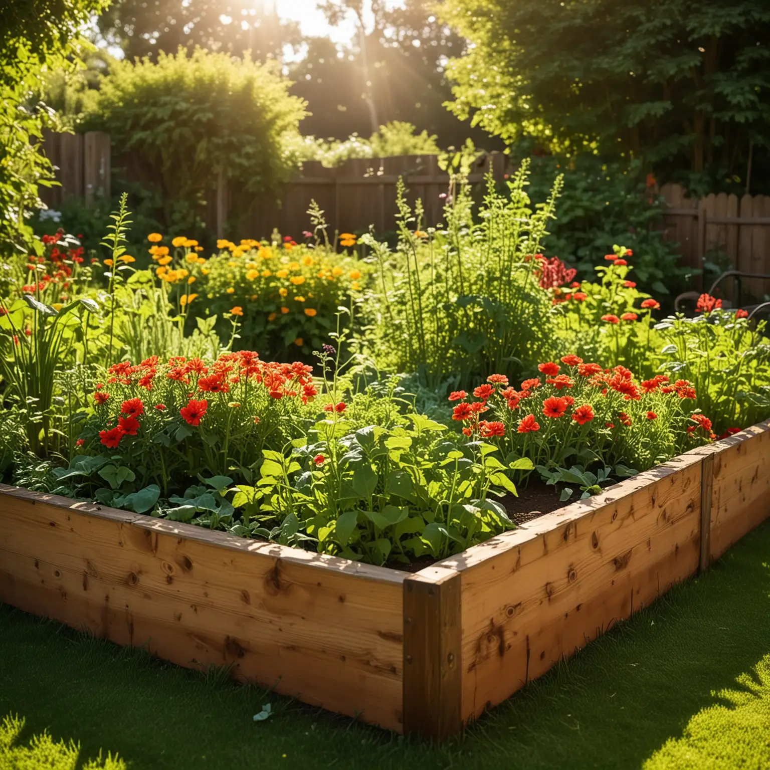 Lush Raised Vegetable Garden Bed in Sunny Backyard