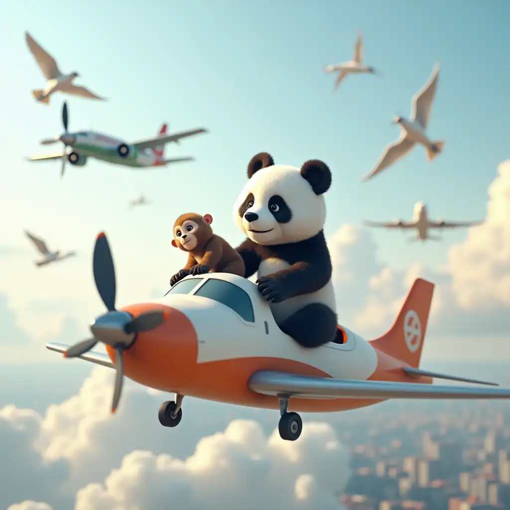 A realistic 3D 4K image of a panda riding on an airplane, surrounded by birds. Another airplane is flying nearby. The panda is looking at the other airplane with curiosity. The scene is set in the sky with clouds in the background. In the city. Panda lands the airport. Activity stops and pada walk to holding monkey.