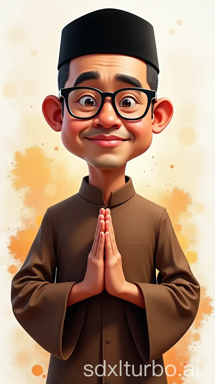 4d caricature image of a 30 year old Indonesian man, square faced, wearing a traditional Javanese cap, traditional Javanese clothes. Wearing glasses. Very short hair. he is facing the camera with both hands in the namaste position. backgound splash colour 