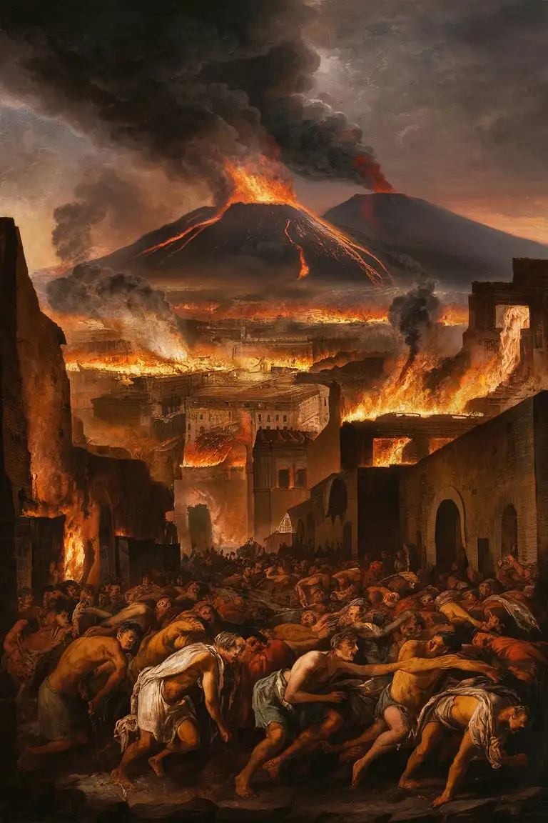 Pompeii Last Day City Panorama with Vesuvius and Fiery Lava