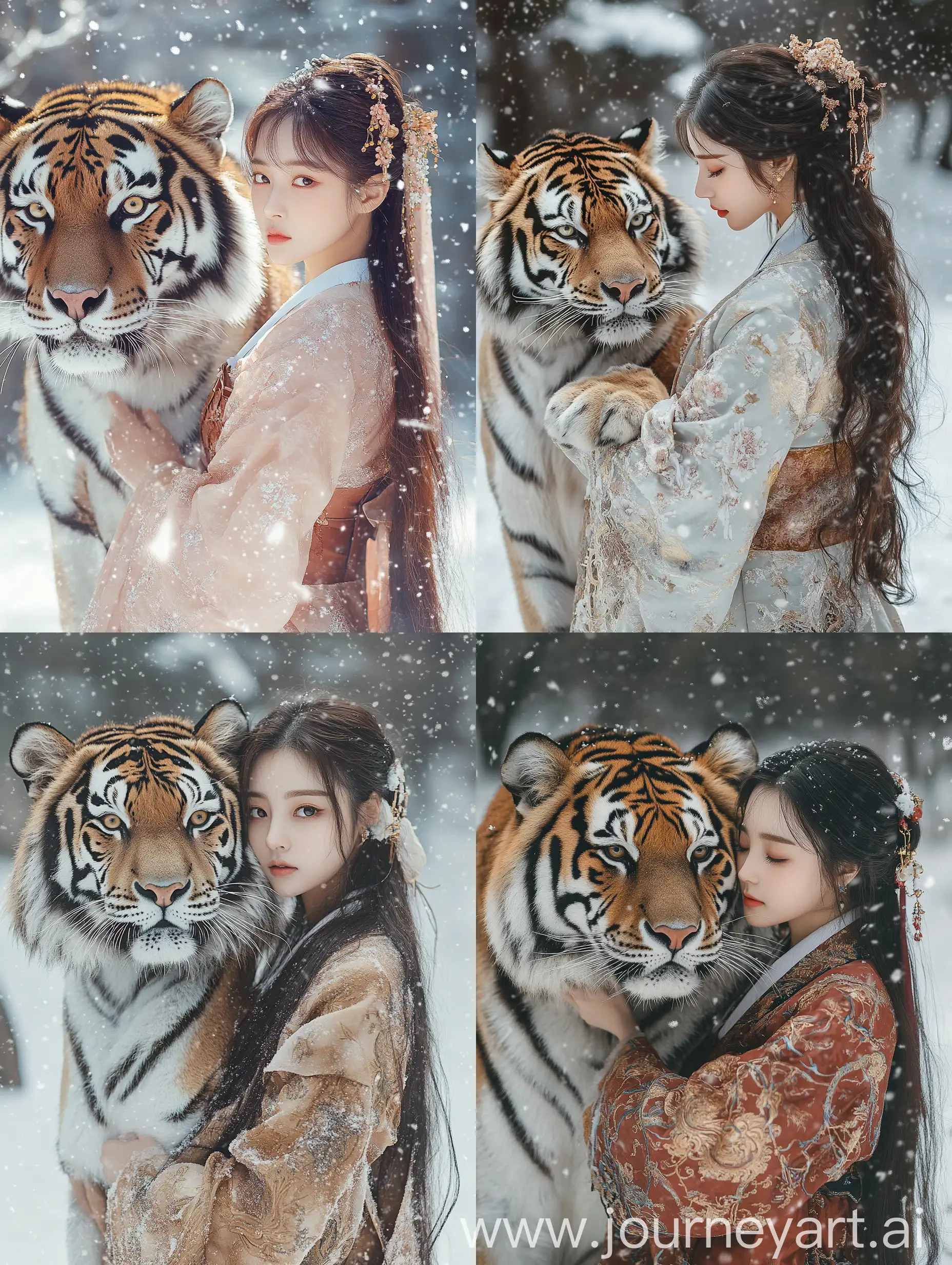 Young-Korean-Woman-in-Hanfu-with-Giant-Tiger-in-Snowy-Landscape