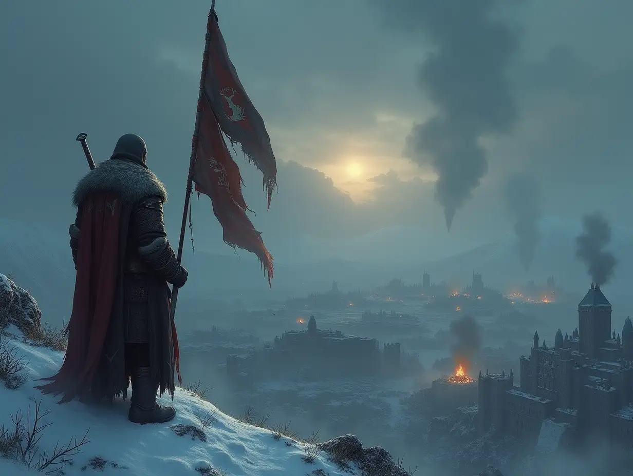 A weary Nord warrior stands atop a snowy hill, overlooking the ruins of a battlefield. The banners of Skyrim, tattered and worn, flutter weakly in the cold wind. Distant fires smolder in a fallen city, and a dragon’s shadow looms in the stormy sky. The warrior grips his sword tightly, his breath visible in the icy air—alone, yet unbroken. The first light of dawn begins to break through the darkness, a symbol of hope amidst the ruins of war.