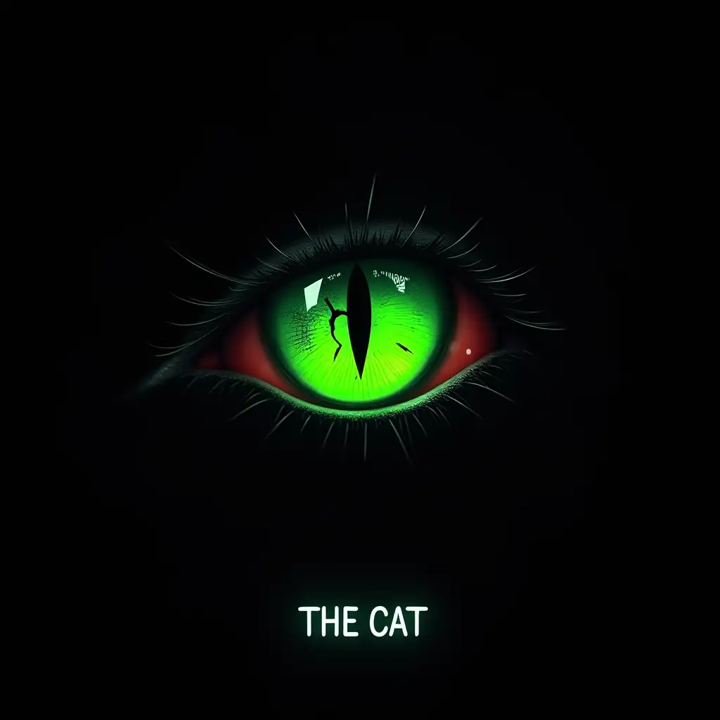 A high contrast, minimalist designed YouTube profile image: a single neon bright green cat's eye with a cracked iris and whiskers and two fangs, surrounded by dark shadows. The cracks reveal hidden documents and magnifying glasses inside the eye. Black background, neon red details, hyper-detailed 8K resolution, cinematic lighting. Text: 'THE CAT' in bold white futuristic font at the bottom, with a subtle black outline